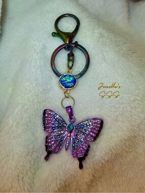 Iridescent Purple Butterfly Keychain with Crystal Accents